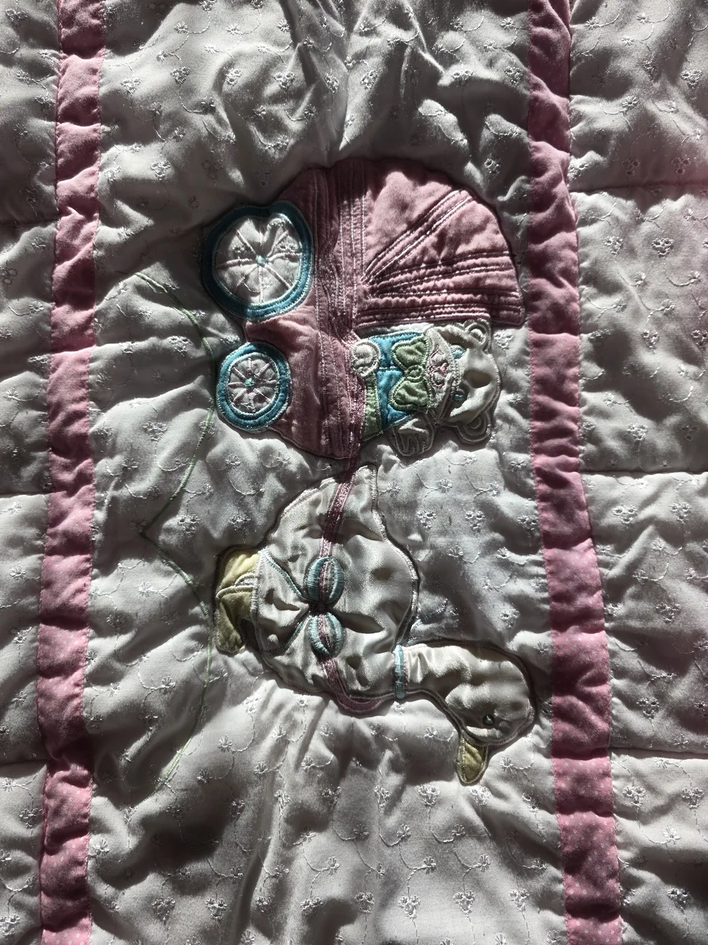 Pink and White Baby Quilt with Ruffled Bouquet Applique